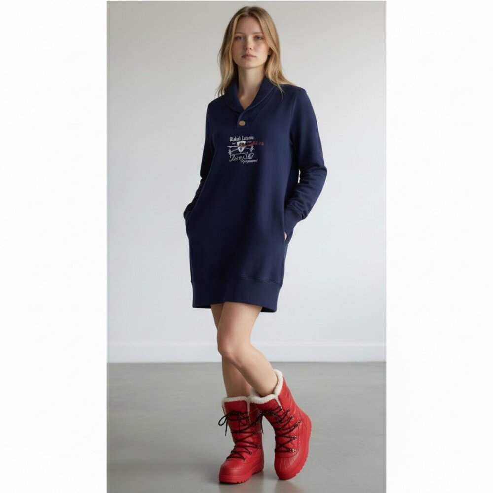 Ralph Lauren Navy Sweatshirt Dress with Embroidered Logo